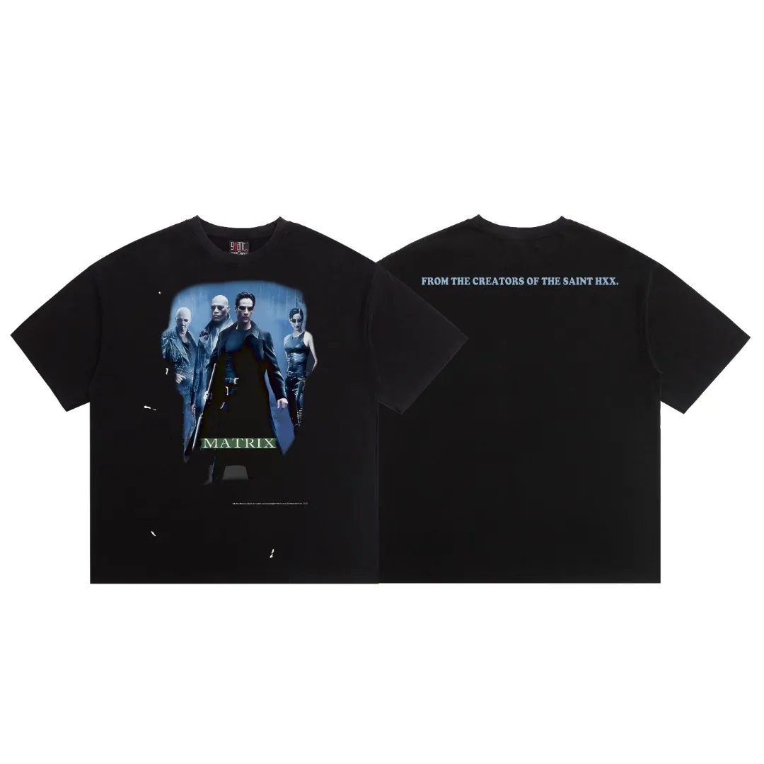 American Saint Michael "The Matrix" co-branded vintage printed vintage Vintage loose short-sleeved T-shirt. Digital white ink direct printing. The fabric is breathable and the pattern is three-dimensional and clear. Fabric: Double yarn 240g Style number: S969 Size: S-M-L-XL Color: Black Price: P118